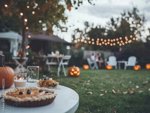 A fun Halloween pumpkin pie-eating contest with kids and parents racing to finish spooky pies photo