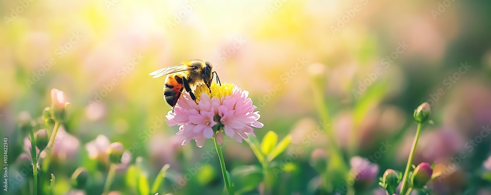 Bee and flower closeup in a beautiful nature garden, collecting pollen in a vibrant sunny meadow, ideal for a World Bee Day wallpaper banner Bee and flower closeup in a beautiful nature garden, collecting pollen in a vibrant sunny meadow, ideal for a World Bee Day wallpaper banner