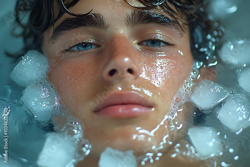 Men sit in ice baths filled with ice cubes to enhance muscle recovery after physical exertion, promoting faster regeneration and reducing soreness. 