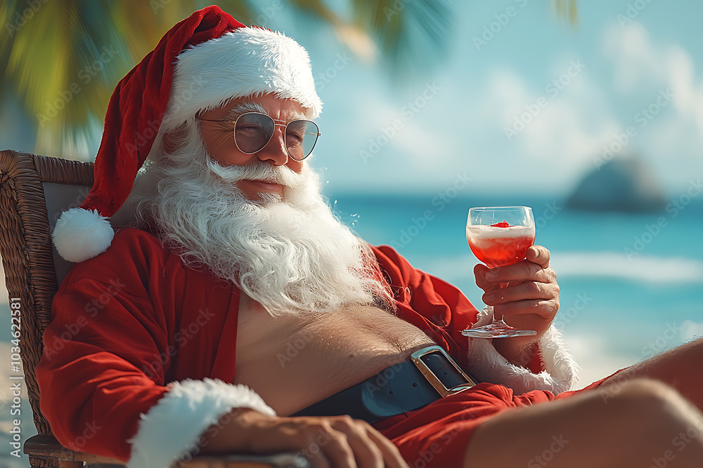 Obraz premium Santa Claus in summer attire, lounging on a beach chair, sipping a cocktail by the azure ocean during a tropical vacation. 