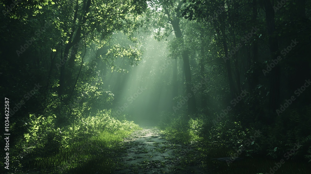 Fototapeta premium A misty forest path with sunbeams shining through the trees.