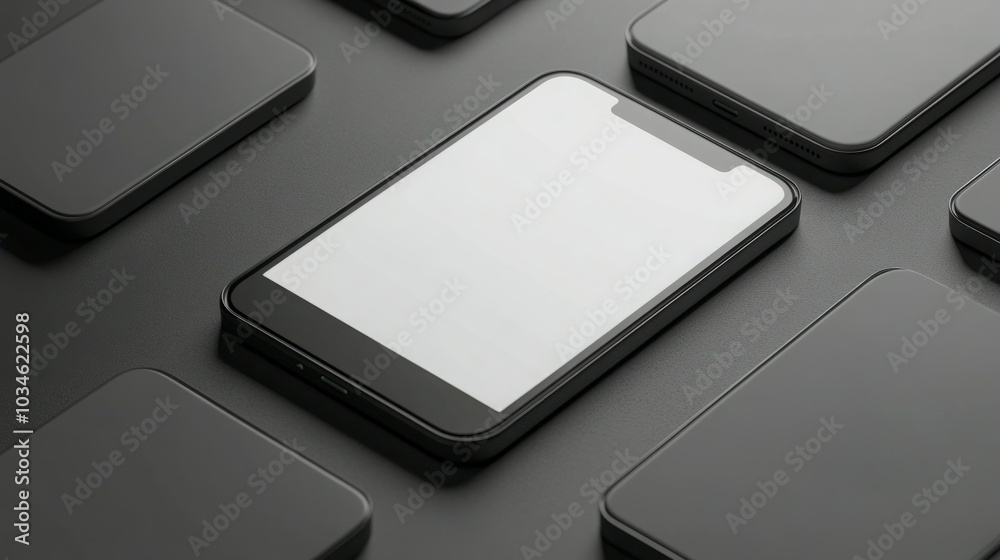Black smartphone surrounded by blank devices on a sleek dark surface. Black smartphone surrounded by blank devices on a sleek dark surface.