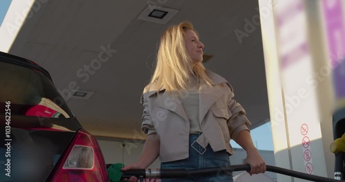 Attractive blonde filling her gas tank on the gas station by herself, closeup shot 