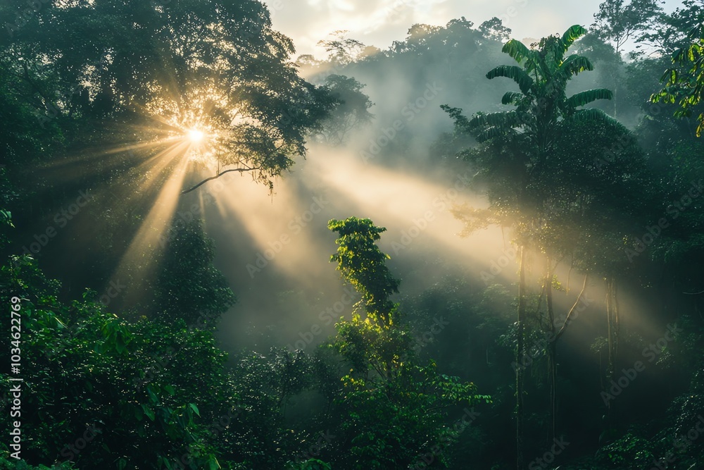 Sunbeams pierce through the misty canopy of a lush tropical forest at dawn. Sunbeams pierce through the misty canopy of a lush tropical forest at dawn.