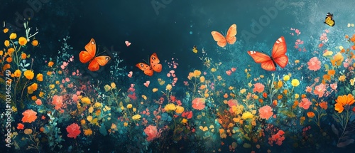 Colorful abstract floral art deco background featuring a seamless collage of painted flowers and butterflies