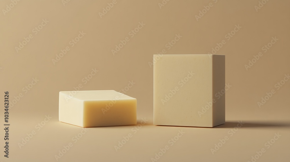 Two elegant creamy soap bars in soft beige tones on a minimalist backdrop. Two elegant creamy soap bars in soft beige tones on a minimalist backdrop.