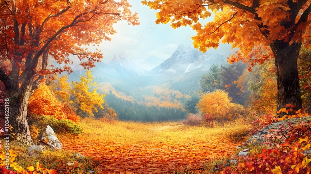 111. A colorful fall landscape with leaves and an unoccupied area for a product