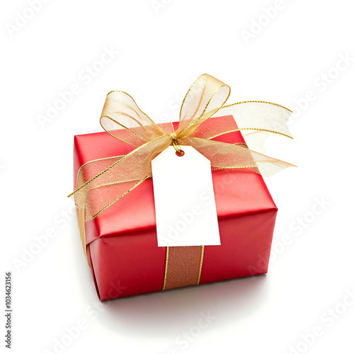 Christmas Red Gift Box with Gold Ribbon and Tag for Christmas,White background (AI-Generated)
