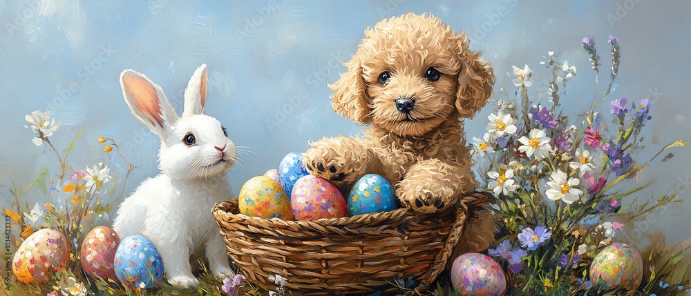 Poodle puppy and a lovely white bunny nestled in an Easter basket, decorated with bright eggs and blooming flowers, perfect for capturing the spirit of spring celebrations Poodle puppy and a lovely white bunny nestled in an Easter basket, decorated with bright eggs and blooming flowers, perfect for capturing the spirit of spring celebrations