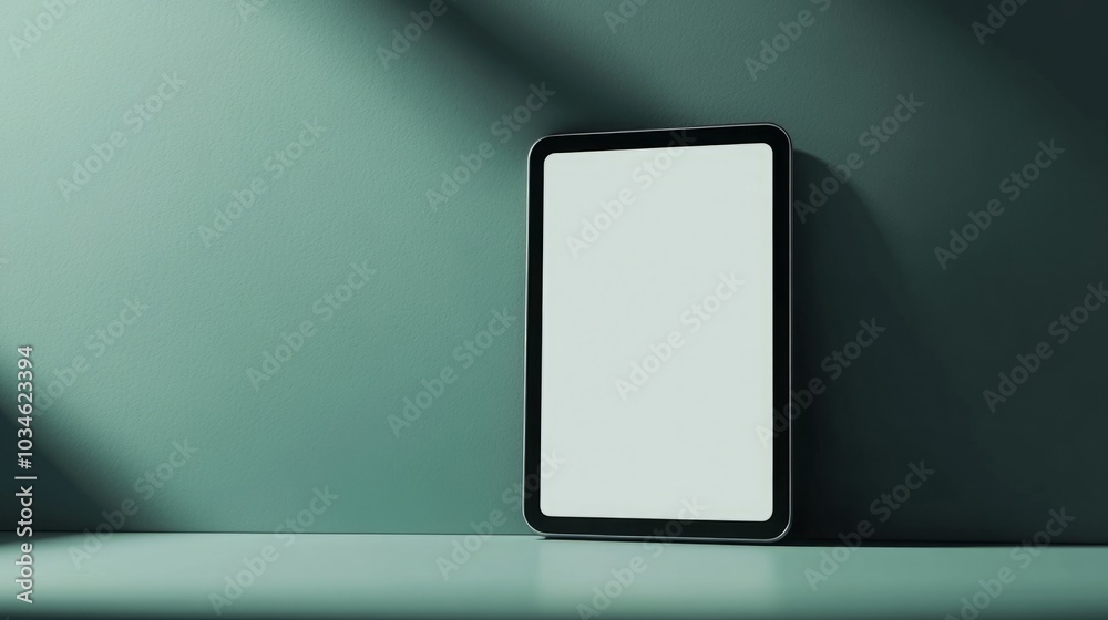 A sleek black tablet rests against a muted green wall, casting soft shadows. A sleek black tablet rests against a muted green wall, casting soft shadows.