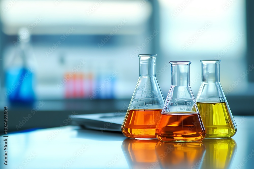 Three Erlenmeyer flasks filled with colored liquids sit on a lab table in front of a blurred background. Three Erlenmeyer flasks filled with colored liquids sit on a lab table in front of a blurred background.