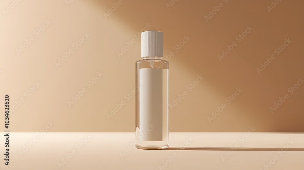 Clear cent bottle with a white cap, minimalist design on a beige background.