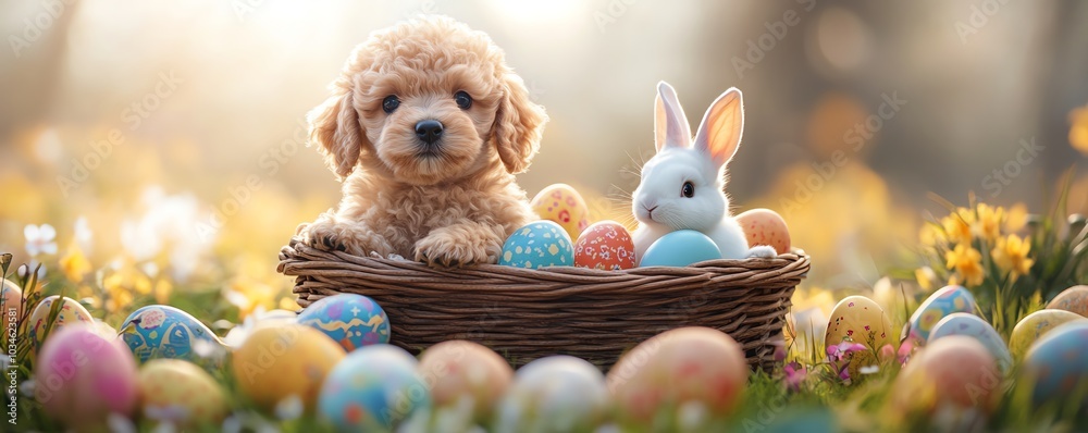 Adorable poodle puppy and a fluffy white bunny sitting together in a colorful Easterthemed basket Adorable poodle puppy and a fluffy white bunny sitting together in a colorful Easterthemed basket