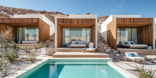 Modern minimalist resort with pool and lounge chairs in the desert.
