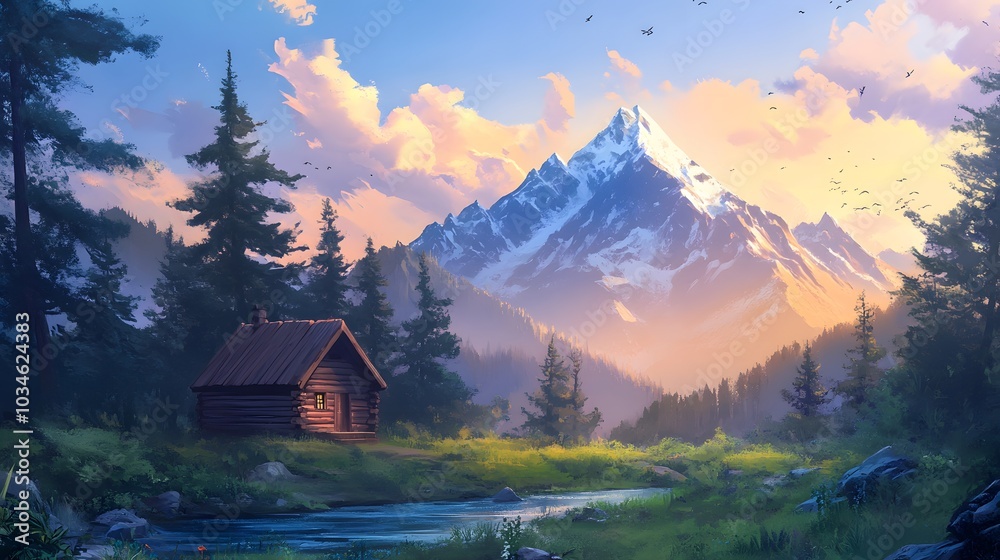 115. A serene mountain view with a cabin and a space for a product 115. A serene mountain view with a cabin and a space for a product