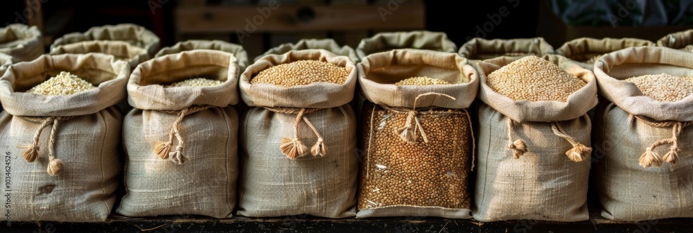 A farmers market stand displaying bags of freshly ground buckwheat flour perfect for baking homemade muffins and breads. A farmers market stand displaying bags of freshly ground buckwheat flour perfect for baking homemade muffins and breads.