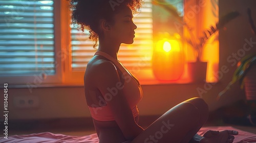 Home workout routine, dynamic action, vibrant colors, cozy setting, inviting