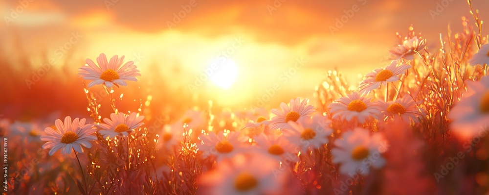 Daisies in full bloom under a stunning golden sunset, representing nature s golden hour landscape and the tranquility of outdoor beauty Daisies in full bloom under a stunning golden sunset, representing nature s golden hour landscape and the tranquility of outdoor beauty