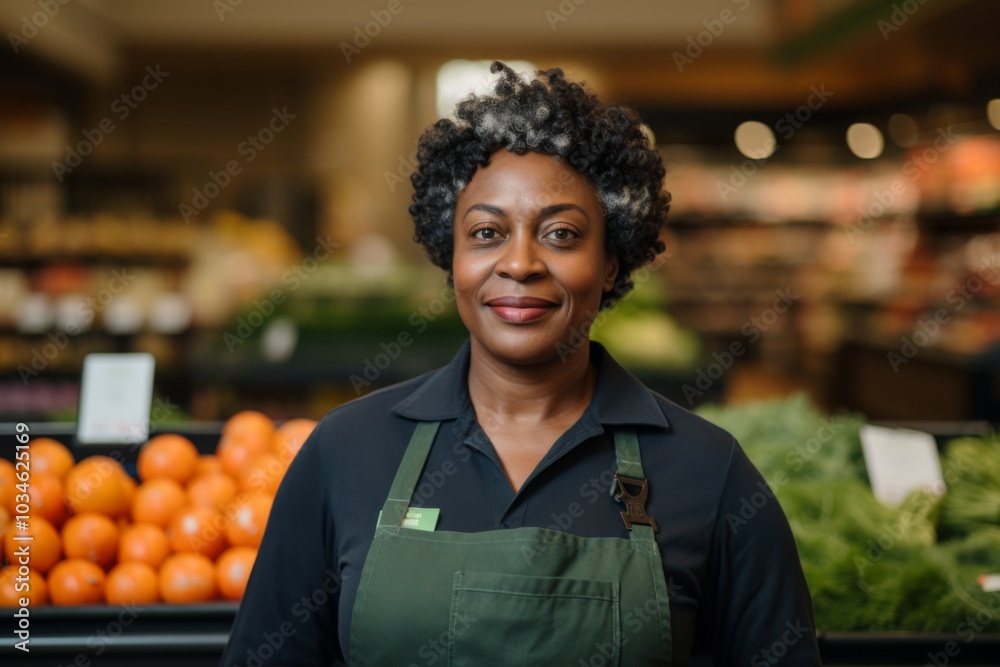 Portrait of a middle aged African American worker in grocery store Portrait of a middle aged African American worker in grocery store