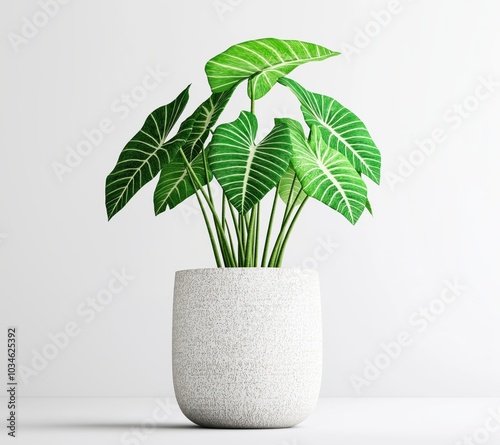 Lush tropical leaves in a minimalist ceramic planter perfect for adding natural greenery and botanical accents to home or office interiors The clean bright background showcases the vibrant foliage