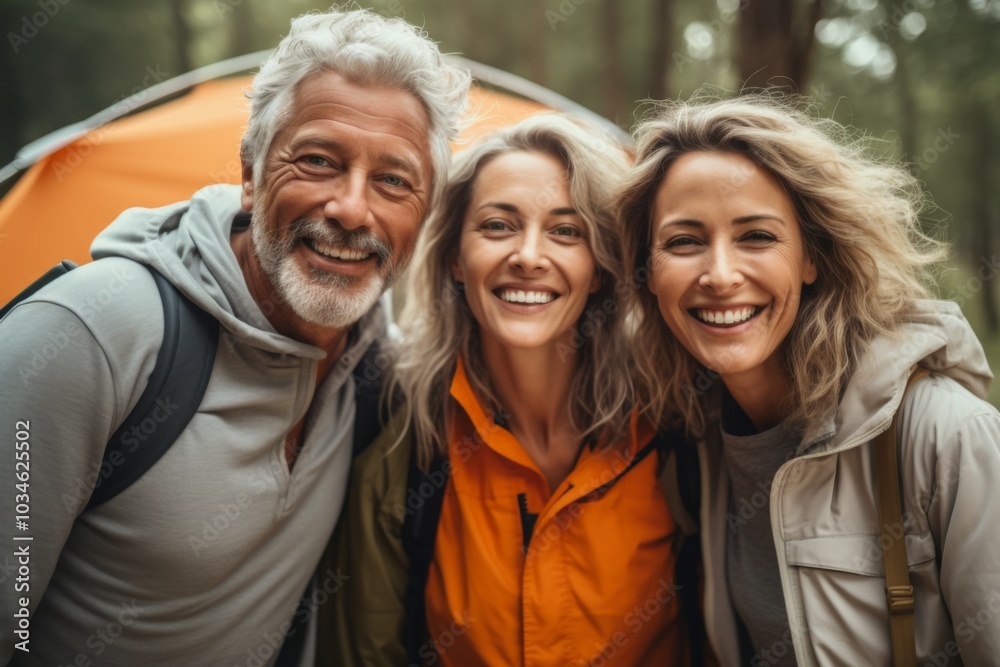 Portrait of a smiling diverse senior friends in front of tent Portrait of a smiling diverse senior friends in front of tent