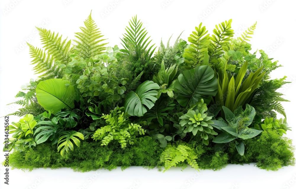Lush vibrant and thriving greenery oasis with a composition of tropical foliage including ferns monstera and philodendron plants A scenic and calming natural background perfect for wellness decor Lush vibrant and thriving greenery oasis with a composition of tropical foliage including ferns monstera and philodendron plants A scenic and calming natural background perfect for wellness decor