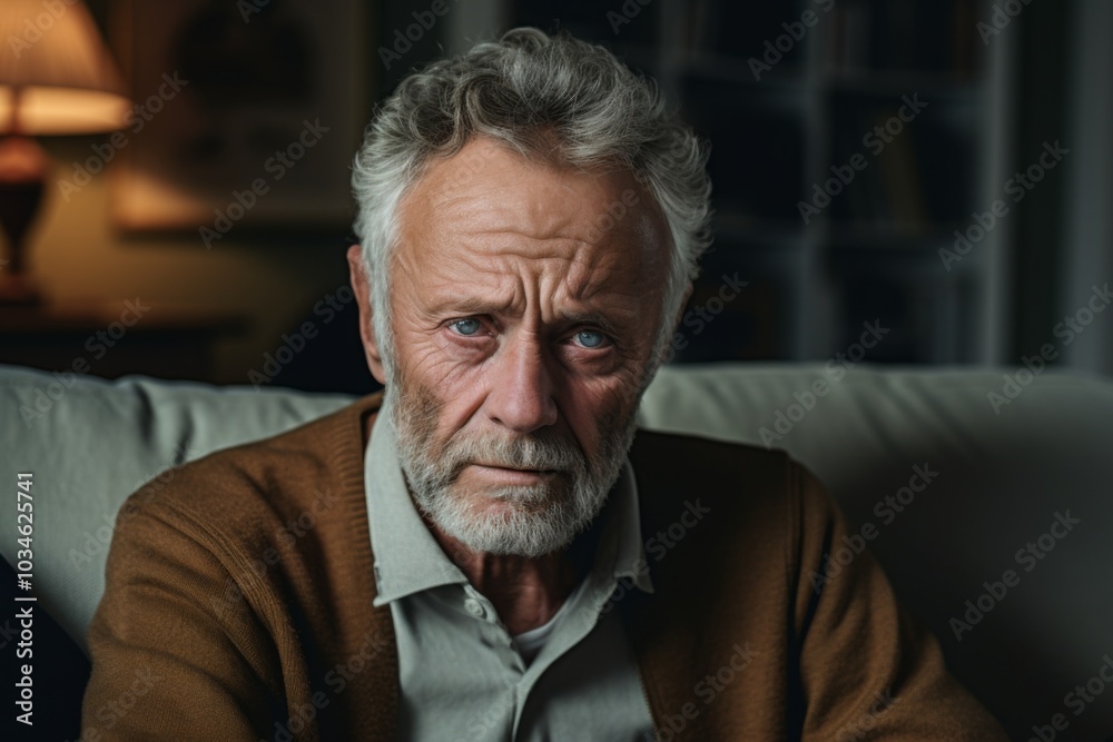 Portrait of a worried senior man sitting on sofa at home Portrait of a worried senior man sitting on sofa at home