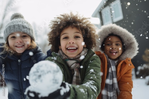 Portrait of diverse group of kids playing with snow balls