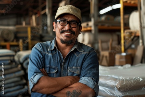 Portrait of a smiling Hispanic worker inside large furniture store