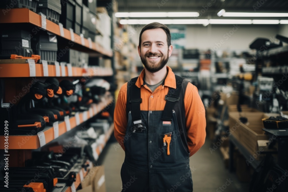 Portrait of a happy salesman standing in hardware store Portrait of a happy salesman standing in hardware store