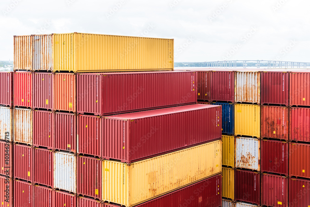 Fototapeta premium Containers with cargo loaded on deck of the cargo container ship.
