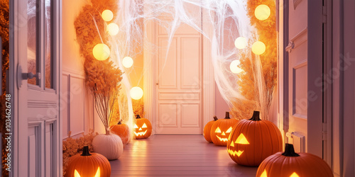 Bold Parisian Halloween Hallway with Jack-o-Lanterns: Elegant cobwebs and pumpkins create a haunting scene photo