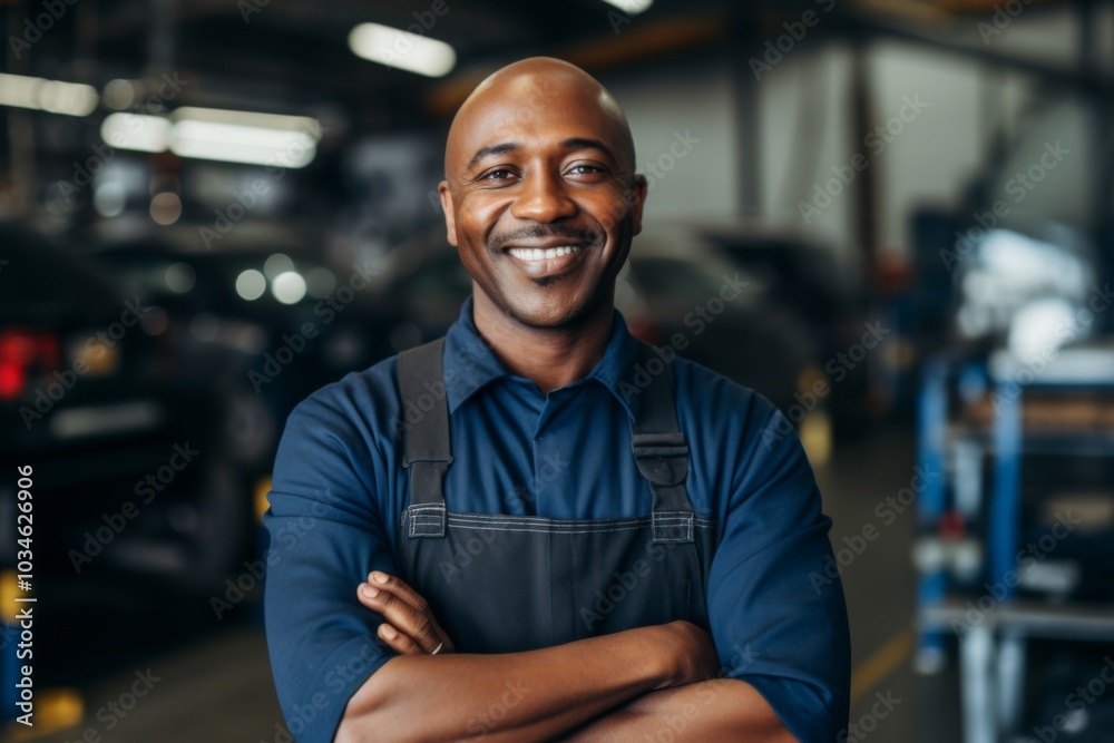 Portrait of a smiling middle aged African American car mechanic Portrait of a smiling middle aged African American car mechanic