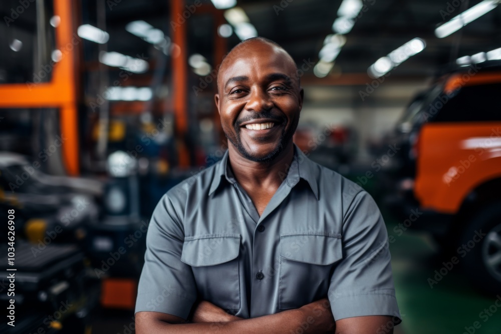Portrait of a smiling middle aged African American car mechanic Portrait of a smiling middle aged African American car mechanic