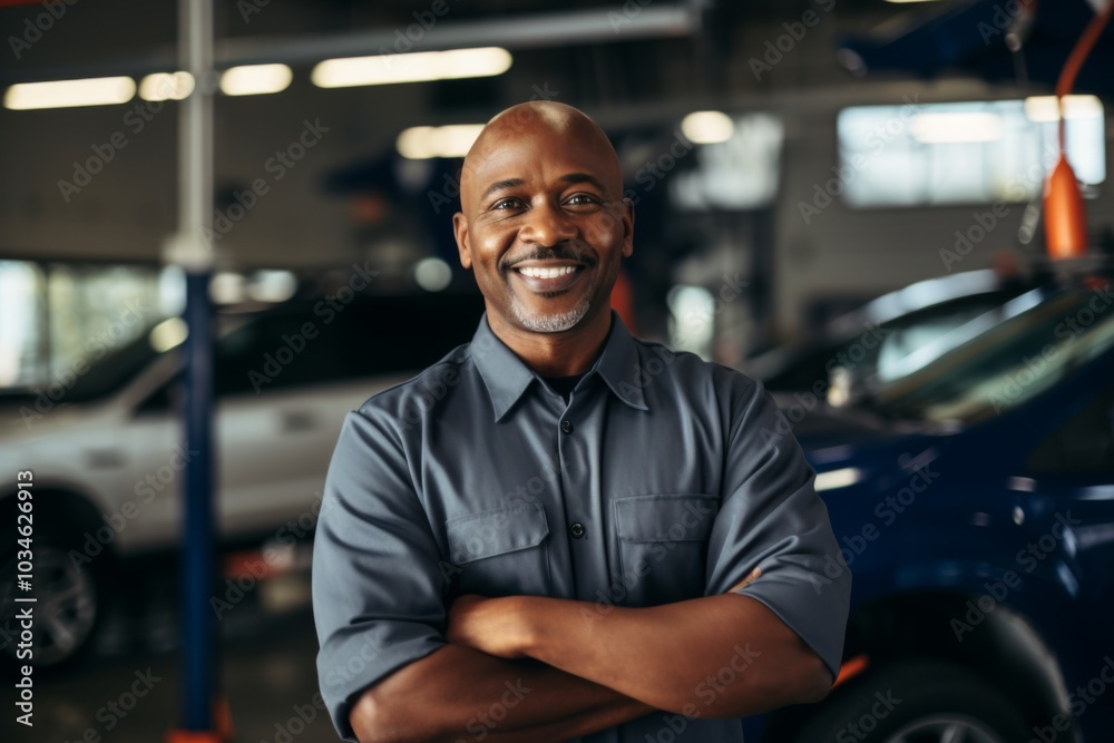 Portrait of a smiling middle aged African American car mechanic Portrait of a smiling middle aged African American car mechanic