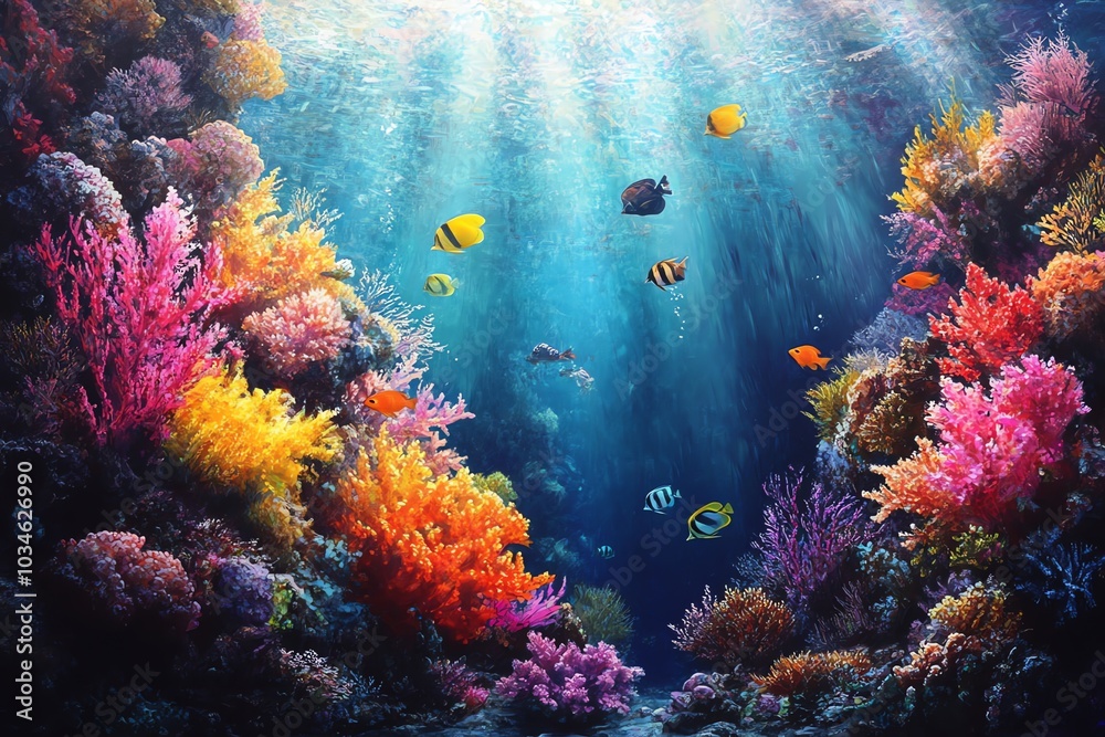 Naklejka premium Vibrant coral reef with colorful fish swimming in clear blue water.