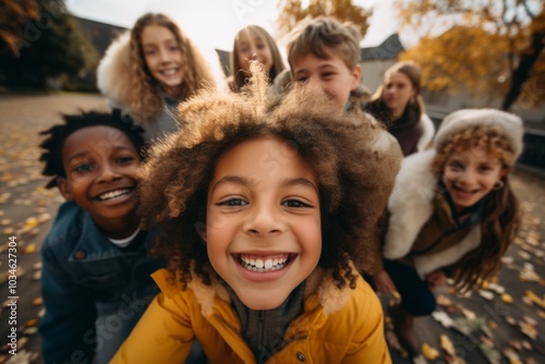 Smiling group portrait of diverse kids taking selfie in the city