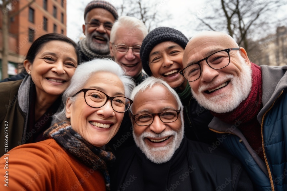Smiling group portrait of diverse seniors taking selfie in the city Smiling group portrait of diverse seniors taking selfie in the city