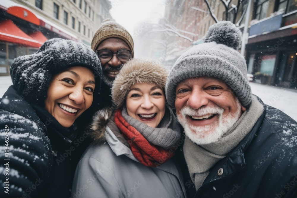 Smiling group portrait of diverse seniors taking selfie in the city Smiling group portrait of diverse seniors taking selfie in the city