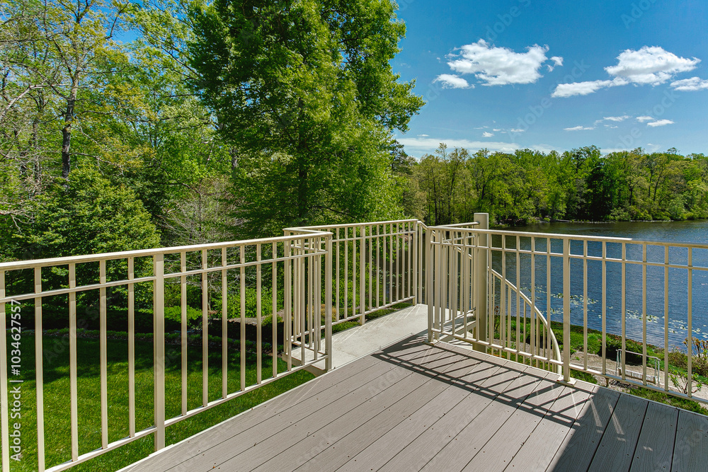 Scenic Lake View From A Terrace With A Modern Railing. Scenic Lake View From A Terrace With A Modern Railing.