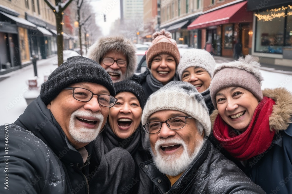 Smiling group portrait of diverse seniors taking selfie in the city Smiling group portrait of diverse seniors taking selfie in the city