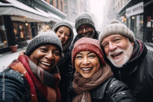 Smiling group portrait of diverse seniors taking selfie in the city