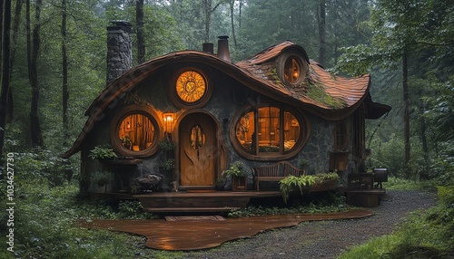 Dreamy tiny home nestled in a magical forest, featuring artistic architecture and elements of nature, perfect for a fairytale retreat photo