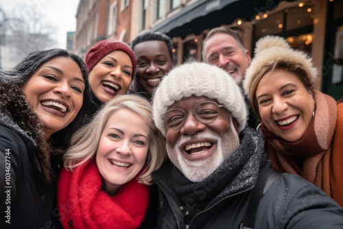 Smiling group portrait of diverse seniors taking selfie in the city