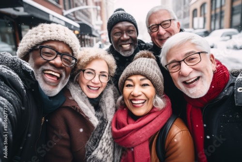 Smiling group portrait of diverse seniors taking selfie in the city