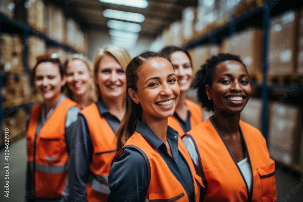 Smiling portrait of a diverse group of female warehouse workers