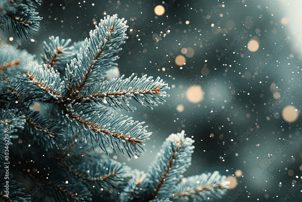A branch of a coniferous tree covered with snow in a winter forest