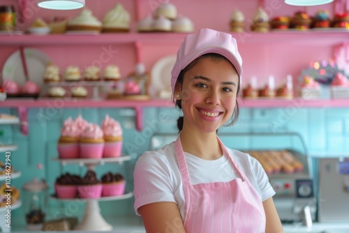 Smiling portrait of a Hispanic woman worker in dessert bar