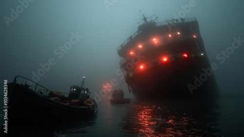 A collision between two ships in a foggy harbor, with one vessel tilting dangerously as lifeboats are lowered, and the fog casting an eerie glow over the scene