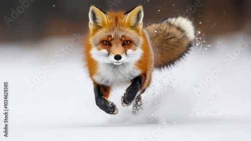 A red fox leaps through the snow, its fur glowing in the sunlight.